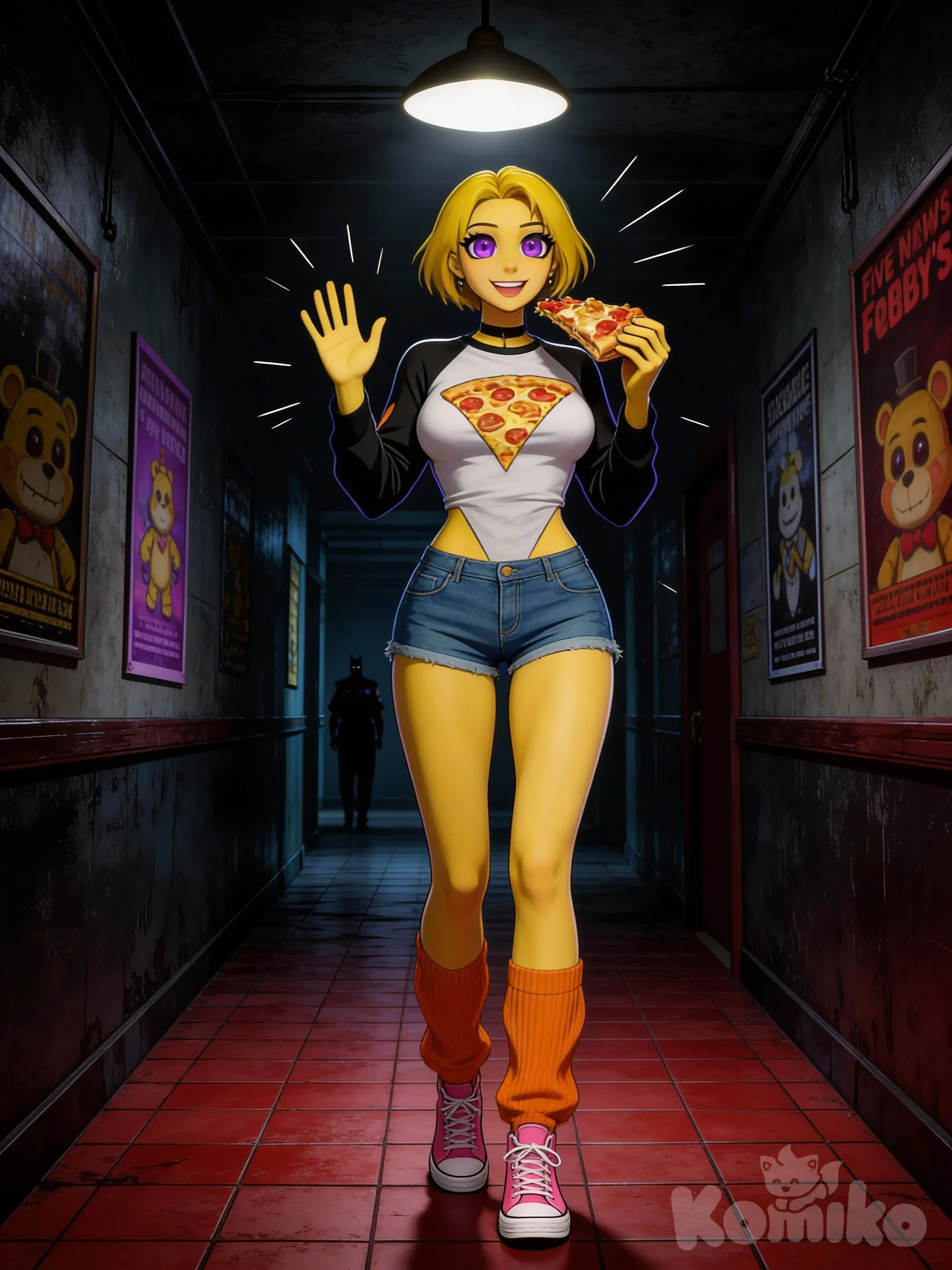 Hyper-image, quality, a great dark and intense colors.

Full-body woman visible (full-body:2), You are a night guard at Fazbear's Entertainment,
late at night, deep in a dark corridor, Under a solitary light,
in the distance a tall (1.80m) and solitary woman, Looks at us with a charming smile (smiling at the viewer:1.3),
She raises her left hand to greet (greeting:1,4), while holding and eating pizza with her right (eating pizza:1.5).
Short yellow hair, yellow skin, pretty face, purple eyes, perfect face, irises, bulging eyes,
curved body, almost perfect body, triangular waist,
large long-sleeved grayish-white shirt with black sleeves (patterns on sleeves: 1.5), /(pizza print/),
blue denim shorts, long, loose orange socks. Pink Converse sneakers, Deep and creepy hallway (deep hallway: 1.5), Crimson tile floor (crimson floor: 1,2), (Five Nights at Freddy's posters clearly visible on the walls), Single light hanging above her (single light: 1.4), (dynamic vanishing point: 1.5) High detail throughout the scene (high detail everywhere: 2),
(only right hand raised: 1,6), (left hand holding pizza: 1.5), (Waving hand: 1), (action lines: 2)