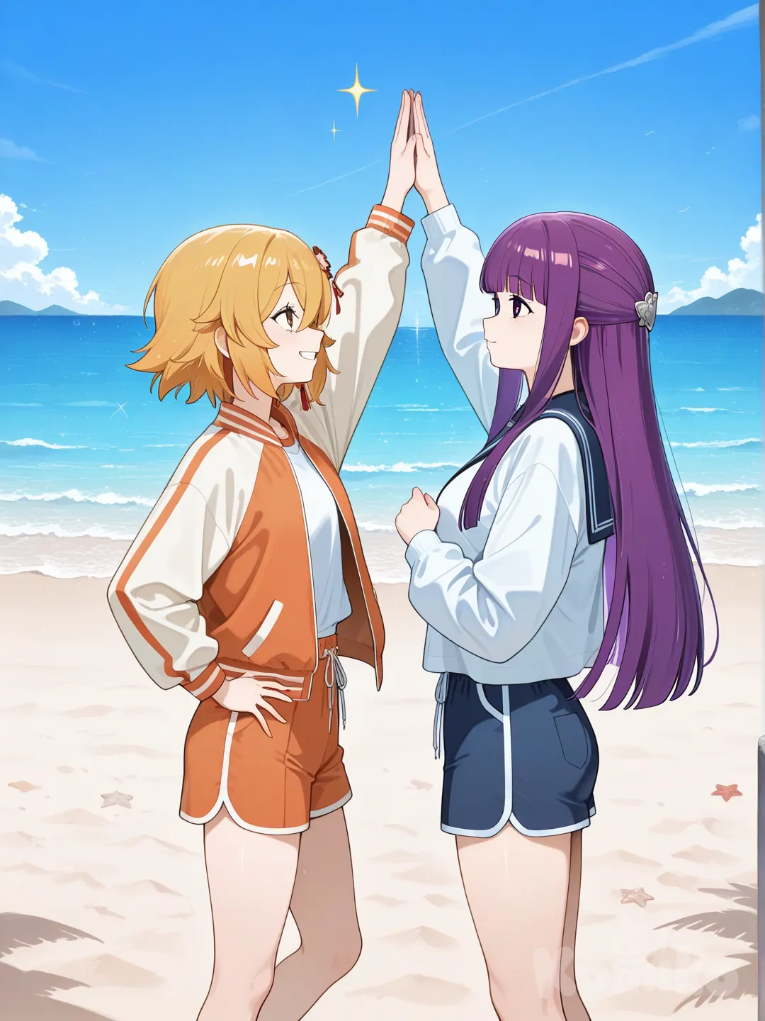 @Fern_(Sousou_No_Frieren) ando senko-sa, high five, varsity jacket, beach shorts, blue sky