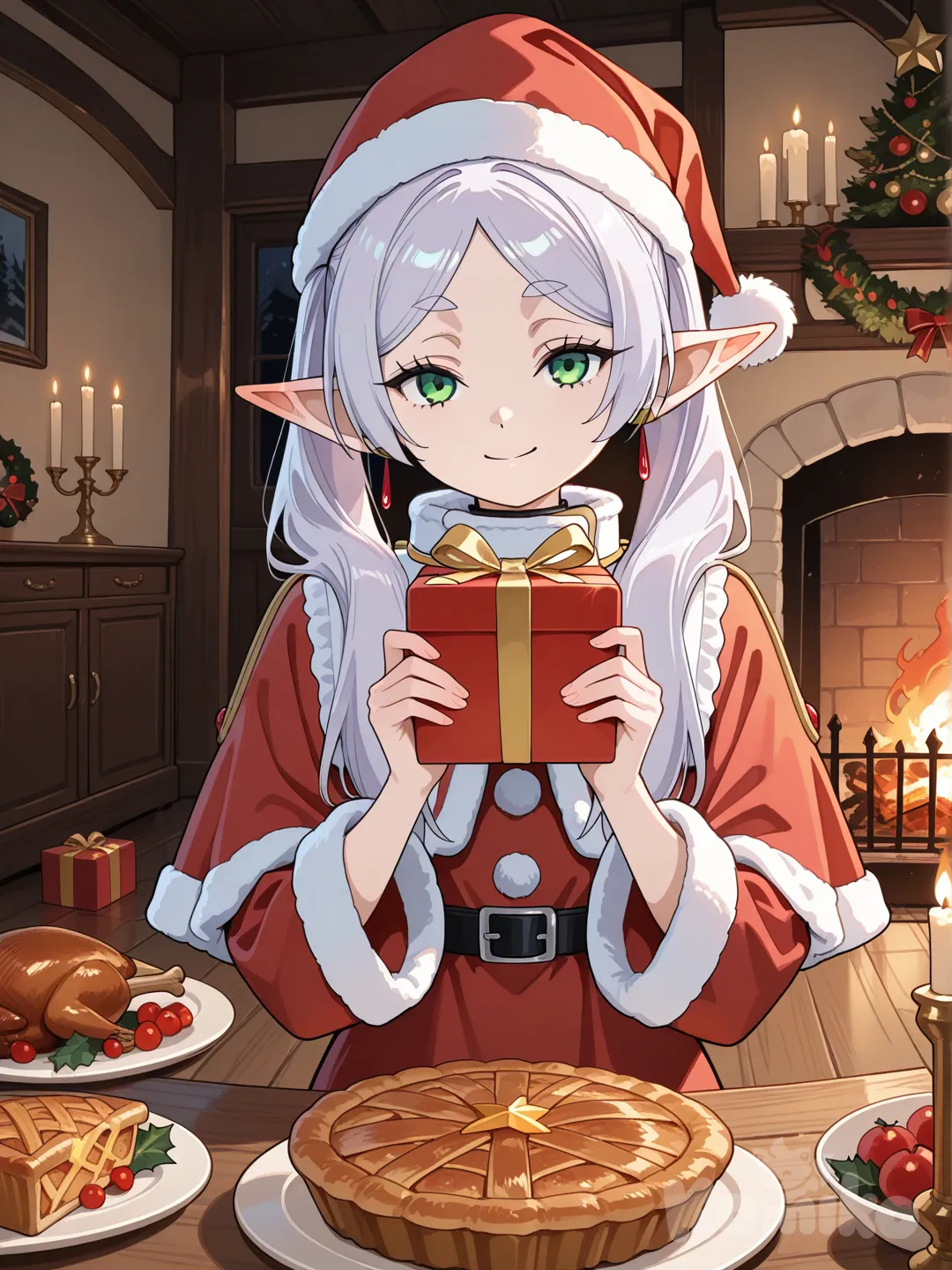 @Frieren, con un regalo , vestida de santa para la navidad, en el fondo una chimenea y comida sobre una mesa.