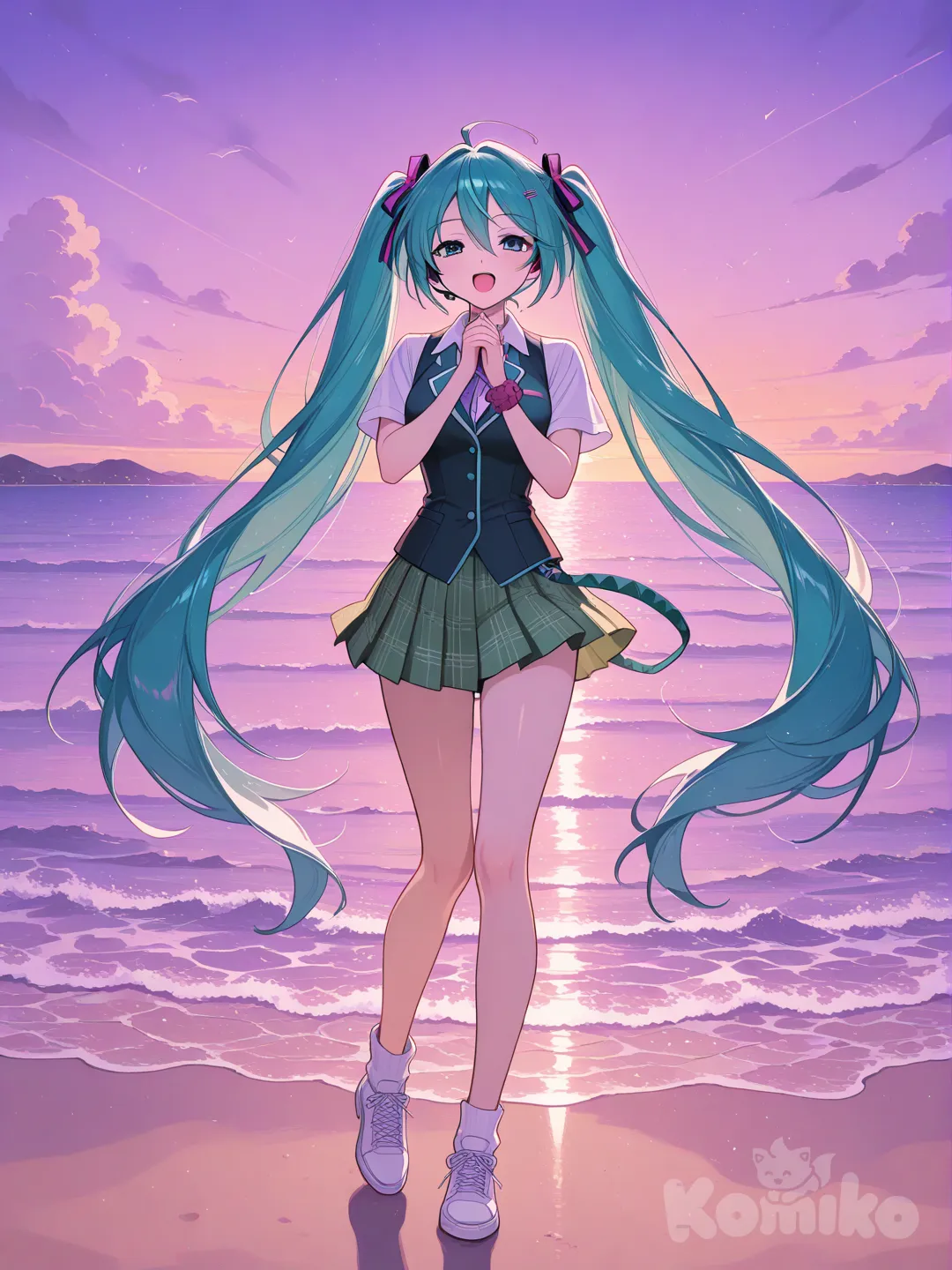 @Hatsune_Miku, con cosplay de Moka akashiya (rosario vampire), cantando en una playa , en el anochecer.