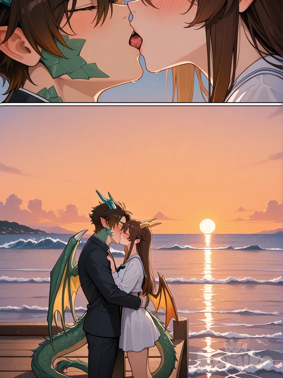 @Kochou_Shinobu, besando a un chico semi-humano mitad dragón , él tiene el cabello castaño y listo, ambos están se están besando en el muelle mientras el agua refleja el atardecer