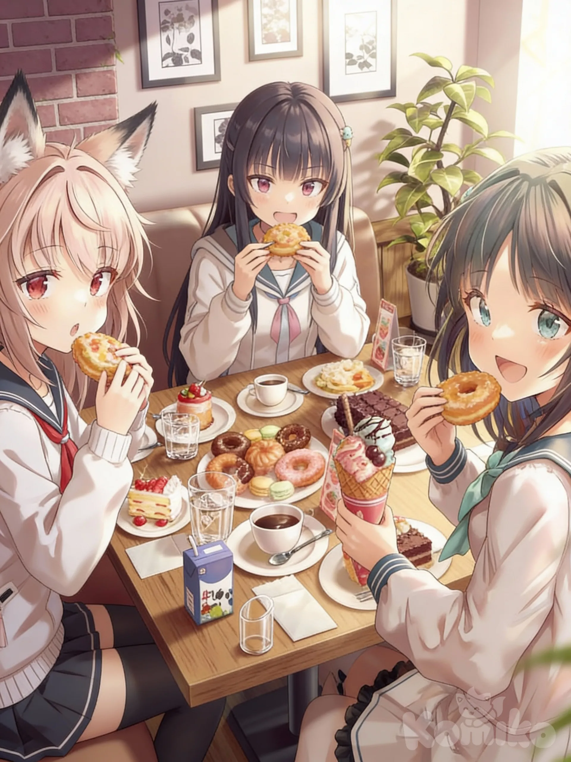 Ranka Ookami una semi humana lobo (murenase seton gakuen, Senko-san (Kitsuné), Liru (Renkin 3-kyū Magical? Pokān), las 3 chichas están comiendo en la misma mesa , cada una con su comida favorita, ellas están alrededor de la mesa sentadas dentro del club de cocina de la academia Seton., 1000022873, 1000022873