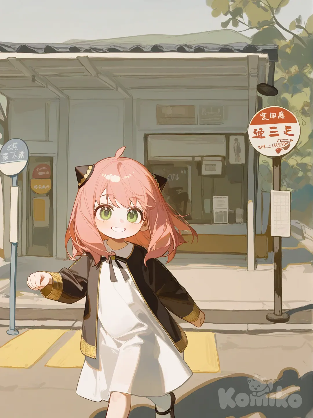 @Anya_(Spy_X_Family), [lacquered-illustration-style], walking, open jacket, bus stop