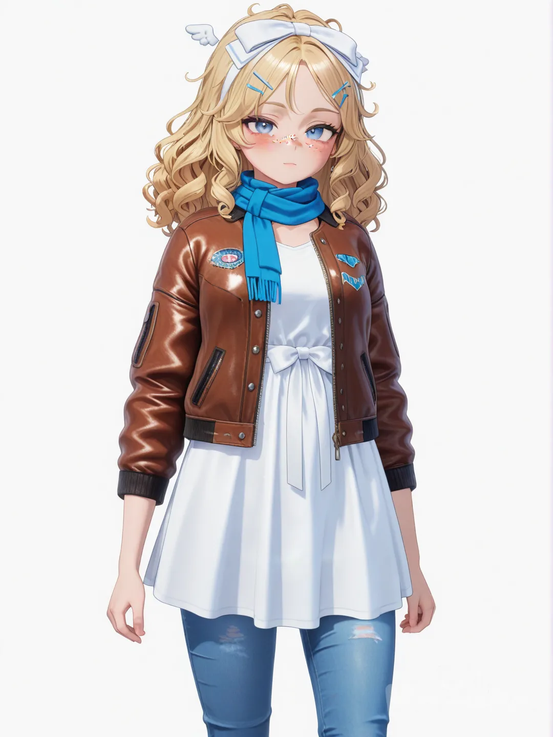[3d-anime-style] 1girl, angel, teenager, petite, tall, blonde_hair, curly_hair, frizzy_hair, blue_eyes, freckles, varsity_jacket, t-shirt, outdoor_adventure_jacket, leather_jacket, jeans, evening_dress, hairpin, headband, jewelry, scarf, bow, solo, full_body, looking_at_viewer, anime_style, simple_background, white_background