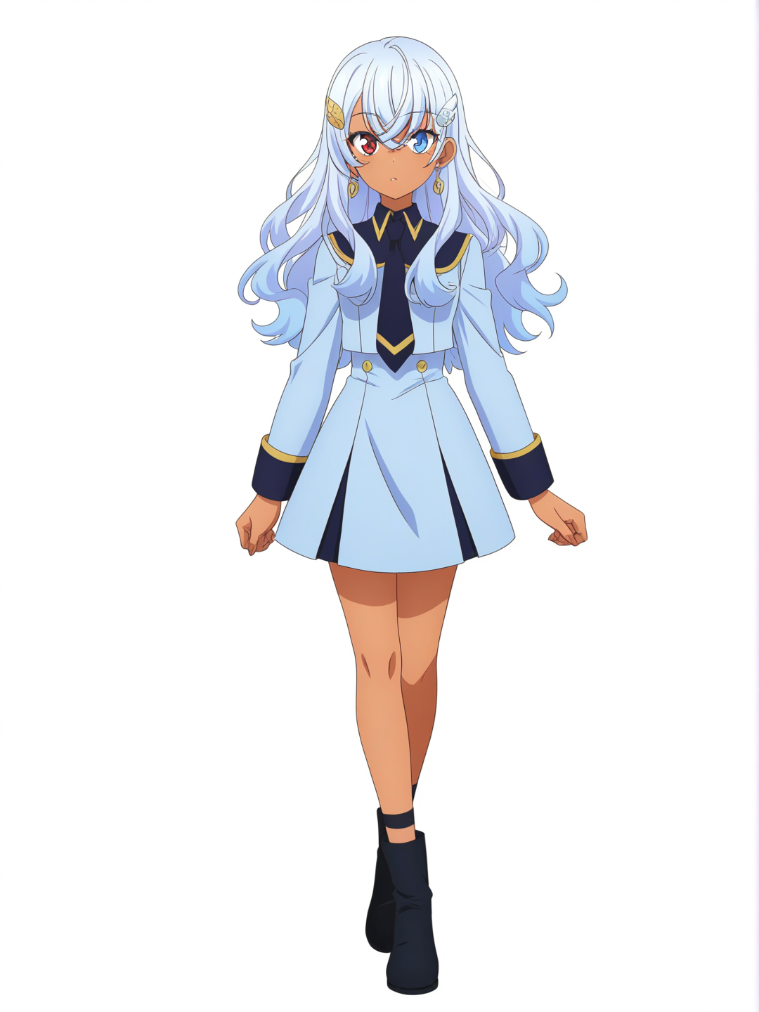 [pop-anime-style] pastel_colors, 1girl, light_blue_hair, long_hair, wolf_cut, wavy_hair, heterochromia, blue_eyes, red_eyes, large_eyes, long_eyelashes, ua_uniform, slim, tanned_skin, earrings, necktie, hair_ornament, single character, full body, looking at viewer, simple background, white background