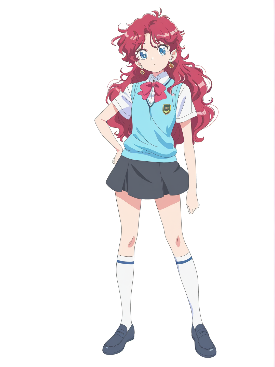 [bright-anime-style] 1girl, comic style, digital art, color, cartoon, cel_shaded, anime_coloring, watercolor, pastel_colors, soft_shading, lineart, solo, teenager, tall, athletic_build, petite, purple-red_hair, long_hair, wavy_hair, blue_eyes, fair_skin, school_uniform, school_vest, white_shirt, black_skirt, bowtie, knee_socks, earrings, single character, full body, looking_at_viewer, simple_background, white_background