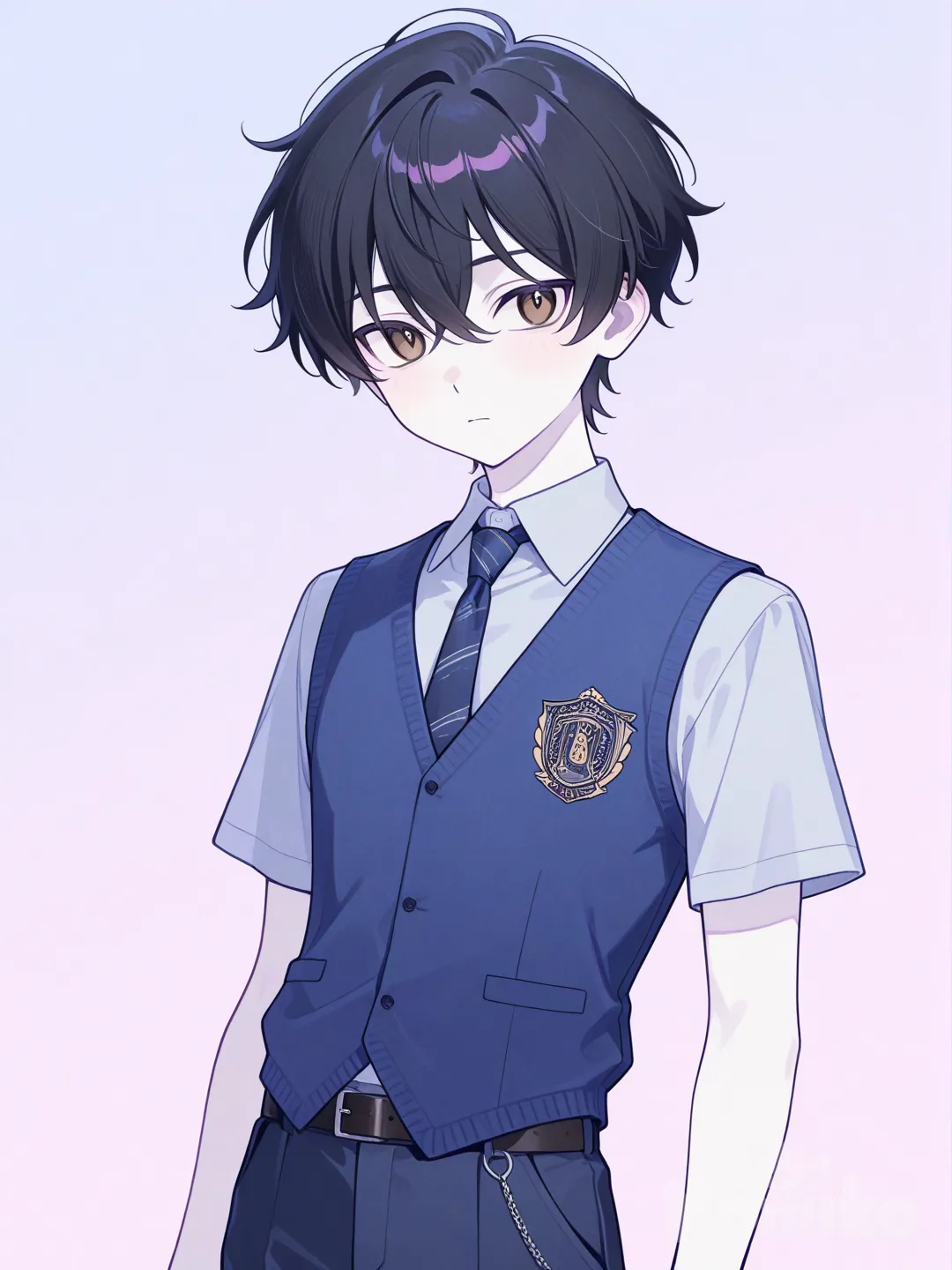 1boy, anime coloring, watercolor, pastel colors, cel shading, soft serve, cartoon, American comic style, digital color comicbook style, lineart, teenager, tall, petite, black hair, short hair, brown eyes, fair skin grey shirt, dark blue school vest, casual pants, school uniform, tie