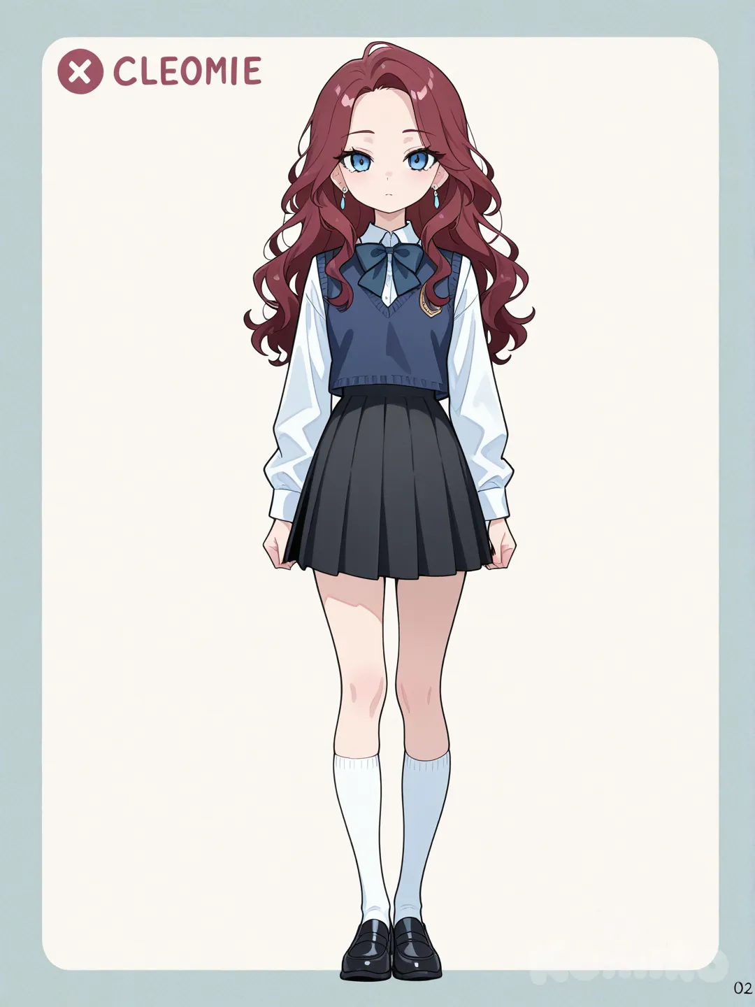 1girl, anime coloring, watercolor, cel shading, pastel colors, soft serve, American comic style, digital color comicbook style, cartoon, lineart, teenager, tall, athletic, petite dark red hair, long hair, wavy hair, blue eyes, fair skin white shirt, dark blue school vest black skirt, earrings, bow tie, knee-high socks standing