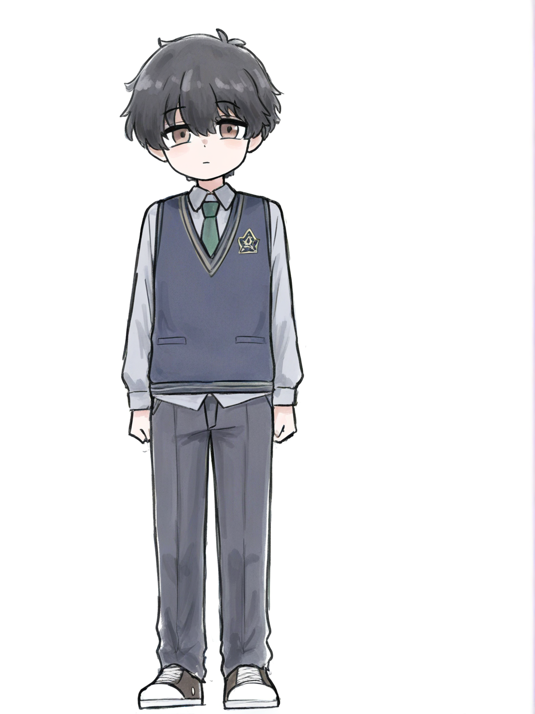 [sketchy-painterly-style] 1boy, teenager, tall, petite, black_hair, short_hair, brown_eyes, fair_skin, grey_shirt, dark_blue_school_vest, casual_pants, school_uniform, tie, looking_at_viewer, anime_coloring, watercolor, pastel_colors, cel_shading, soft_shading, cartoon, american_comic_style, digital_color_comicbook_style, lineart, single_character, full_body, anime_style, simple_background, white_background