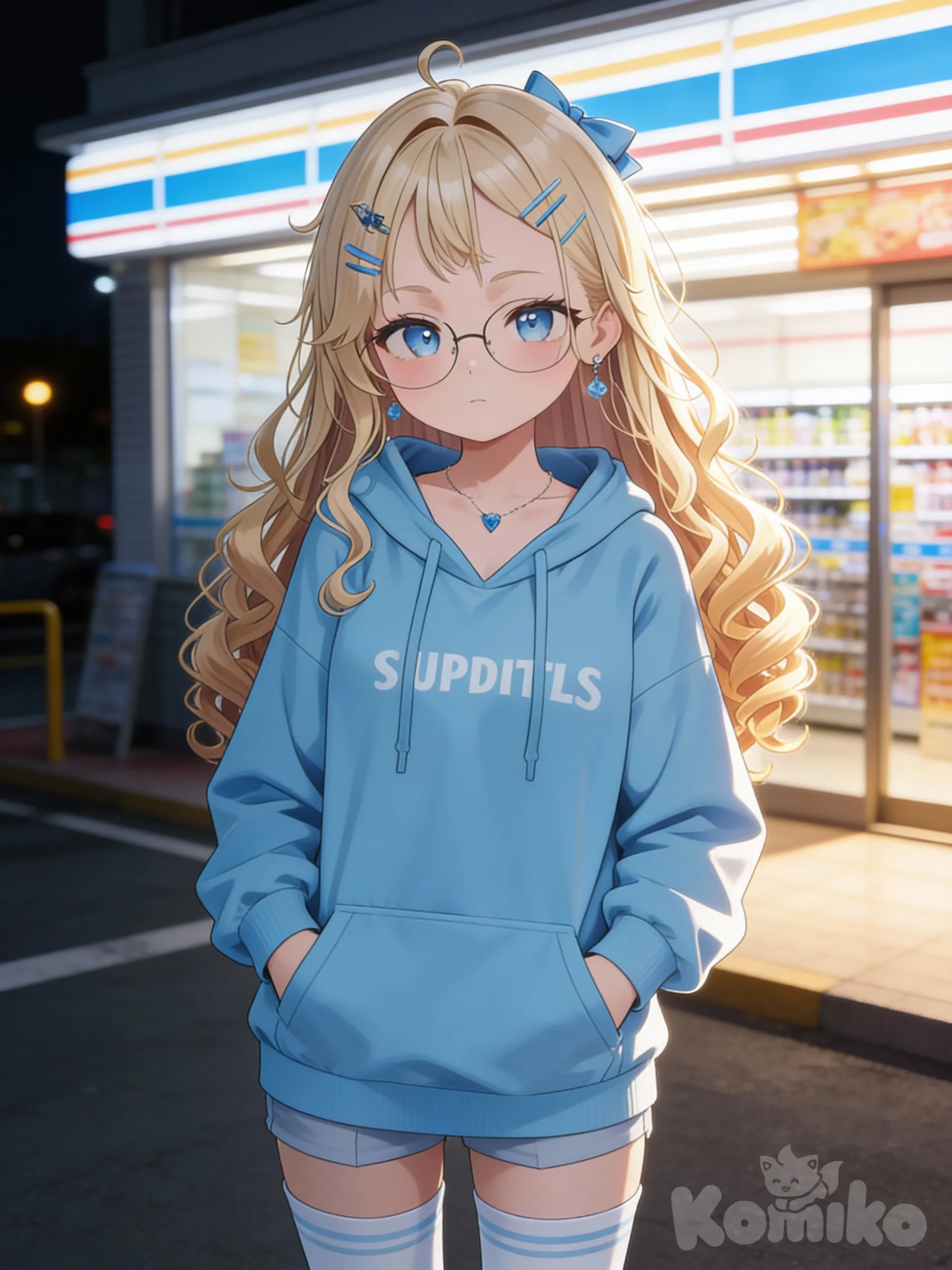 @clowy-wviA, hands in pockets, hoodie, casual pants, hair accessory, hairpin, blonde hair, looking at viewer, closeup, backlight, night, convenience store