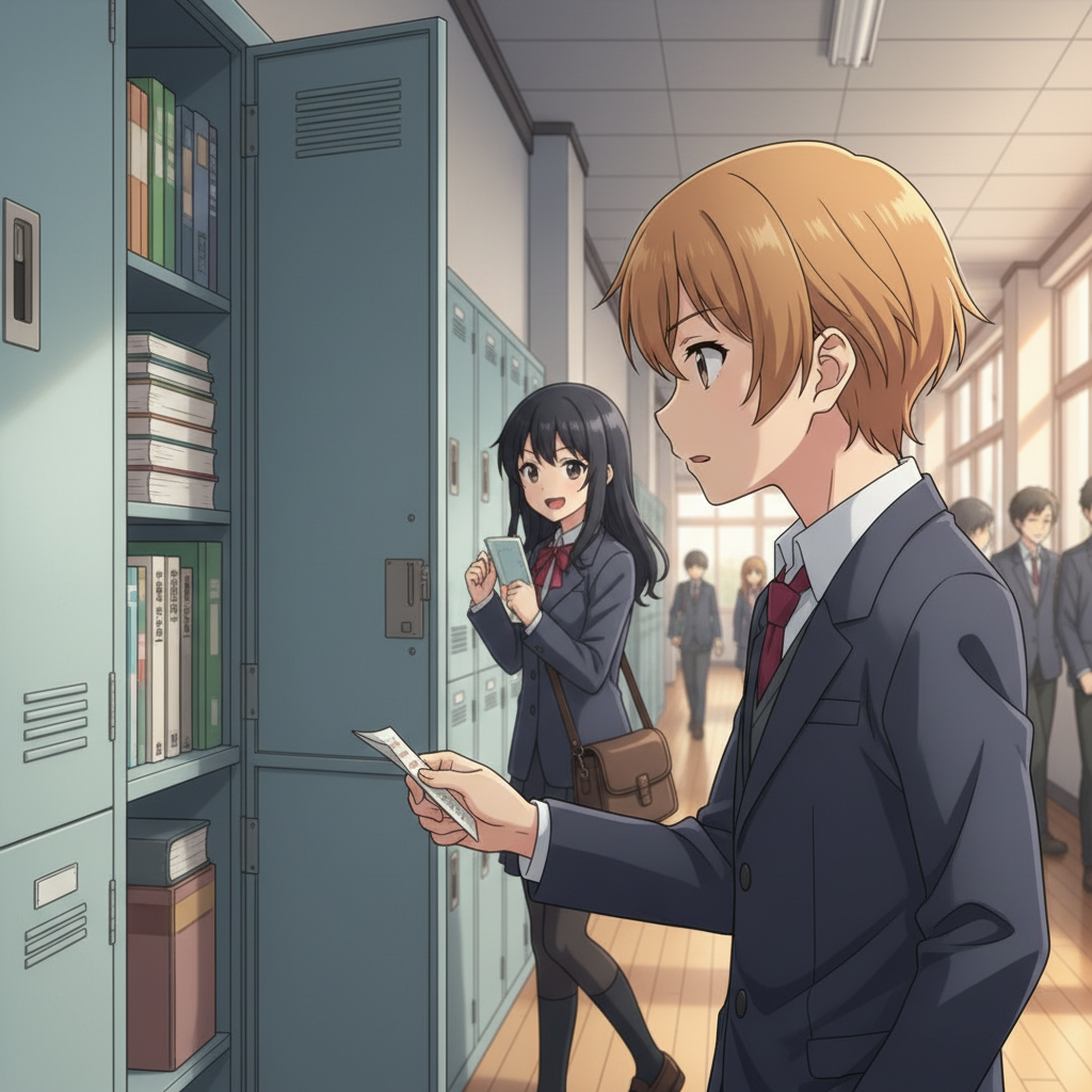 a anmie girl black long curly hair with blue shirt, black coat, black pants, and a brown bag walks thro the halls a boy is looking thro his locker and the girl thros a card at him and he reads it and the card says do you want to be friends?