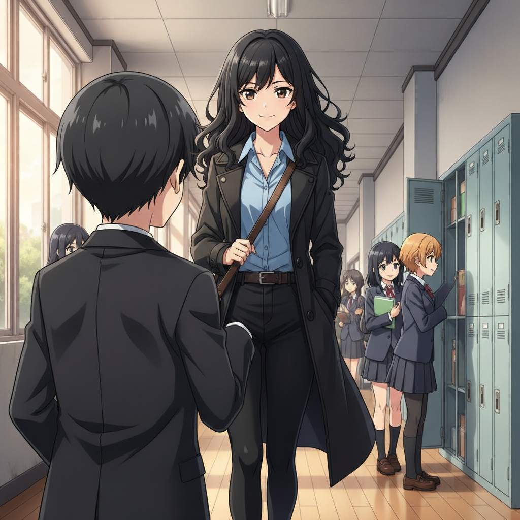 a anmie girl black long curly hair with blue shirt, black coat, black pants, and a brown bag walks thro the halls a boy is looking thro his locker and the girl thros a card at him and he reads it and the card says do you want to be friends?