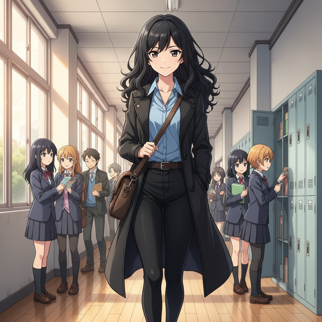 a anmie girl black long curly hair with blue shirt, black coat, black pants, and a brown bag walks thro the halls a boy is looking thro his locker and the girl thros a card at him and he reads it and the card says do you want to be friends?