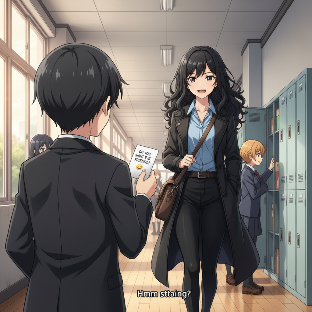 a anmie girl black long curly hair with blue shirt, black coat, black pants, and a brown bag walks thro the halls a boy is looking thro his locker and the girl thros a card at him and he reads it and the card says do you want to be friends?