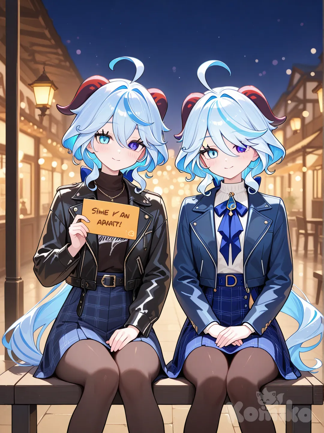 @Ganyu_(Genshin_Impact), holding sign, sitting on lap, leather jacket, blurred background, @Furina_(Genshin_Impact)