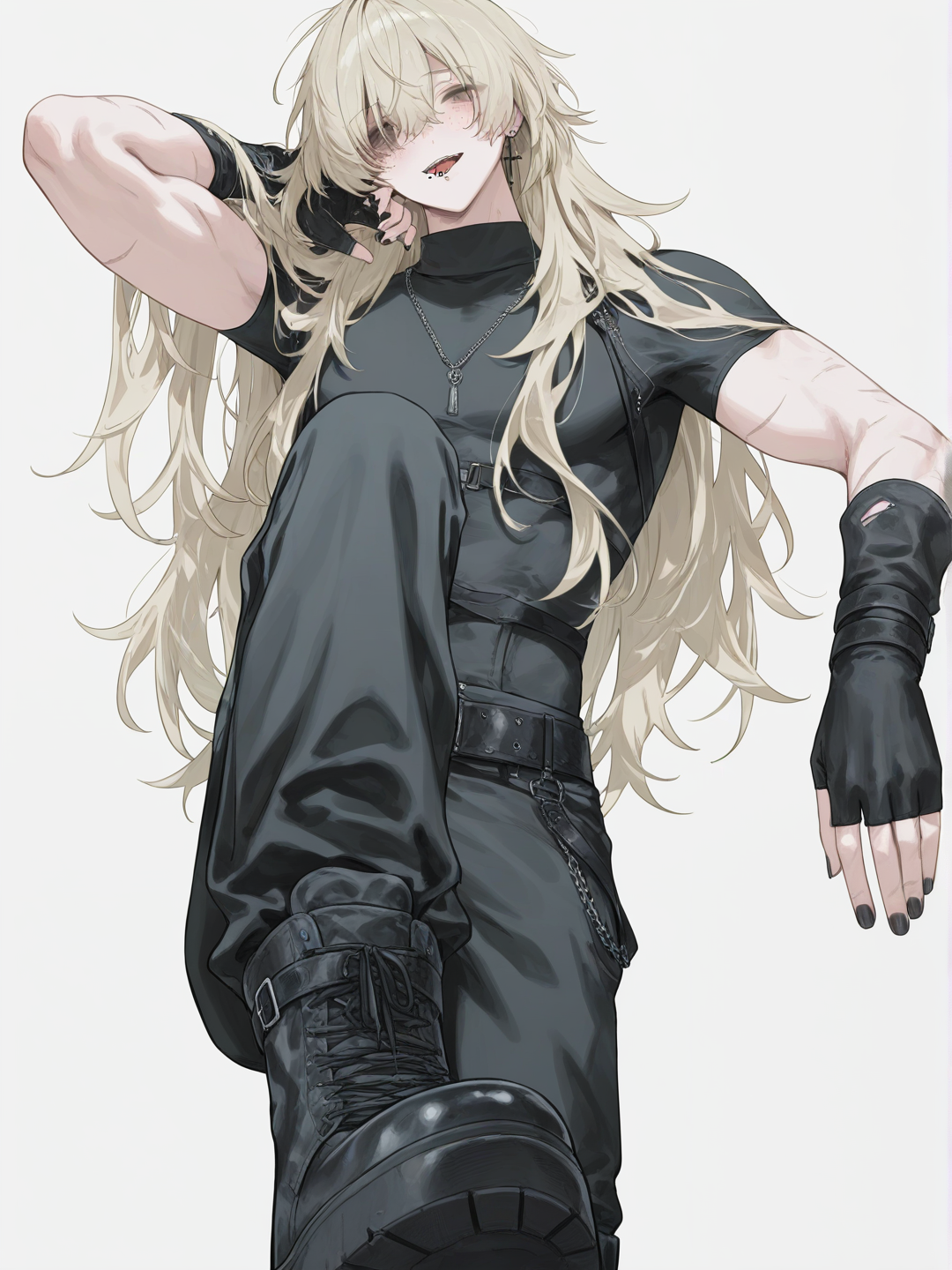 [soft-pastel-style] 1boy, long_blonde_hair, shoulder-length_hair, white_hair_streak, muscular_male, sharp_facial_features, gray_eyes, freckles, scar_on_face, scar_over_eye, black_turtleneck, black_pants, combat_boots, cross_earrings, fingerless_gloves, tongue_piercing, black_nails, necklace, sword_belt, single_character, full_body, looking_at_viewer, anime_style, simple_background, white_background