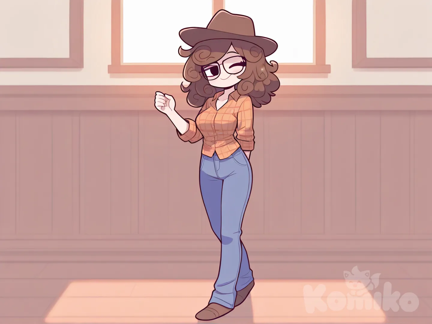 1girl, selfie, medium Orange plaid shirt, broken blue casual pants, cowboy hat, glasses, spiral curls, Brown hair, full body, looking at viewer, day, classroom, medium breasts, [pop-toon-style], all colour, smile, one eye closed
