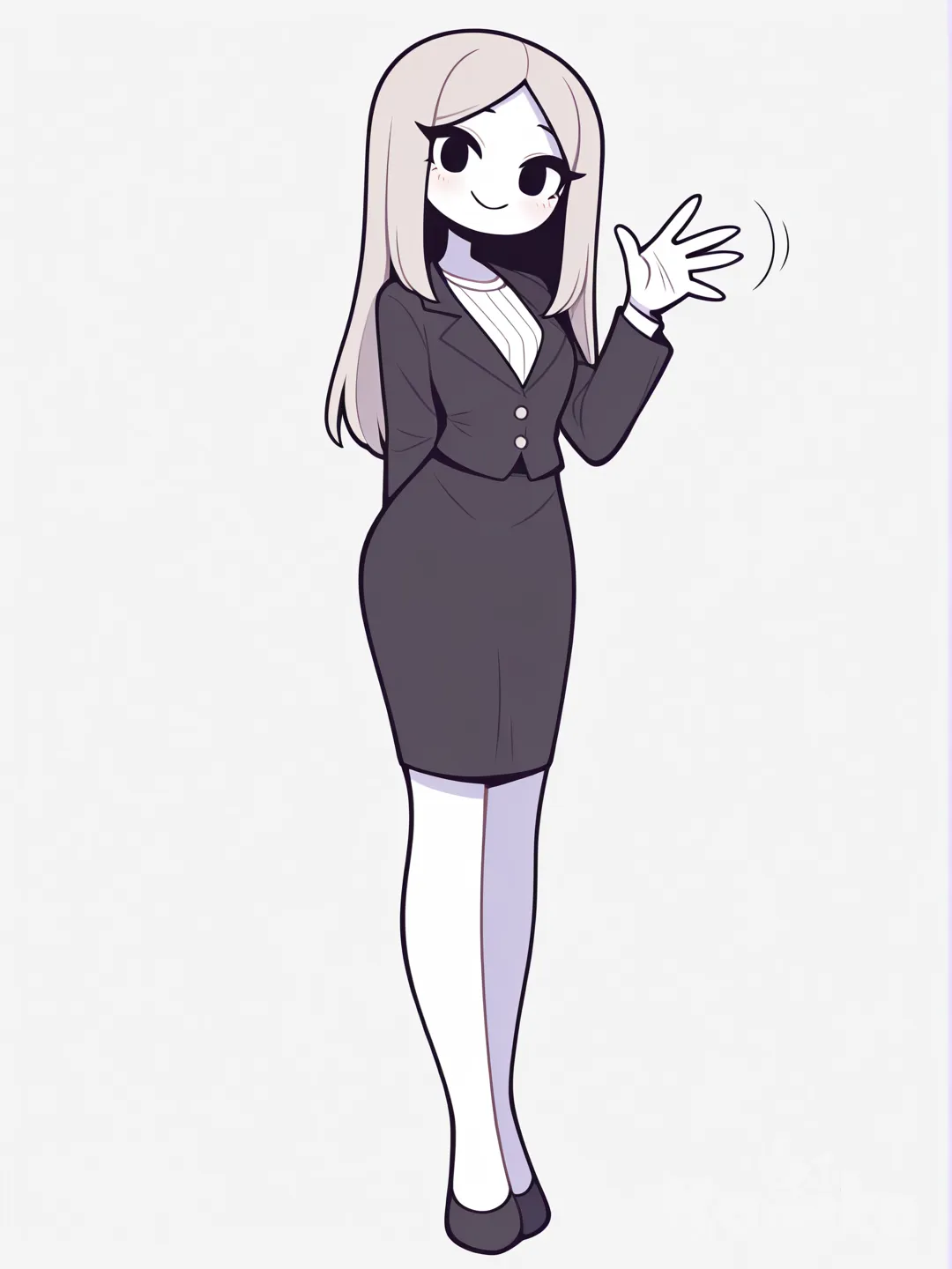 1girl, professional office attire, white blouse, black blazer, knee-length skirt, business casual, clean art style, vibrant colors, white background, no shadows, eyes, neat hair, professional setting, looking at viewer, waving, closeup, all body, happy, [pop-toon-style]