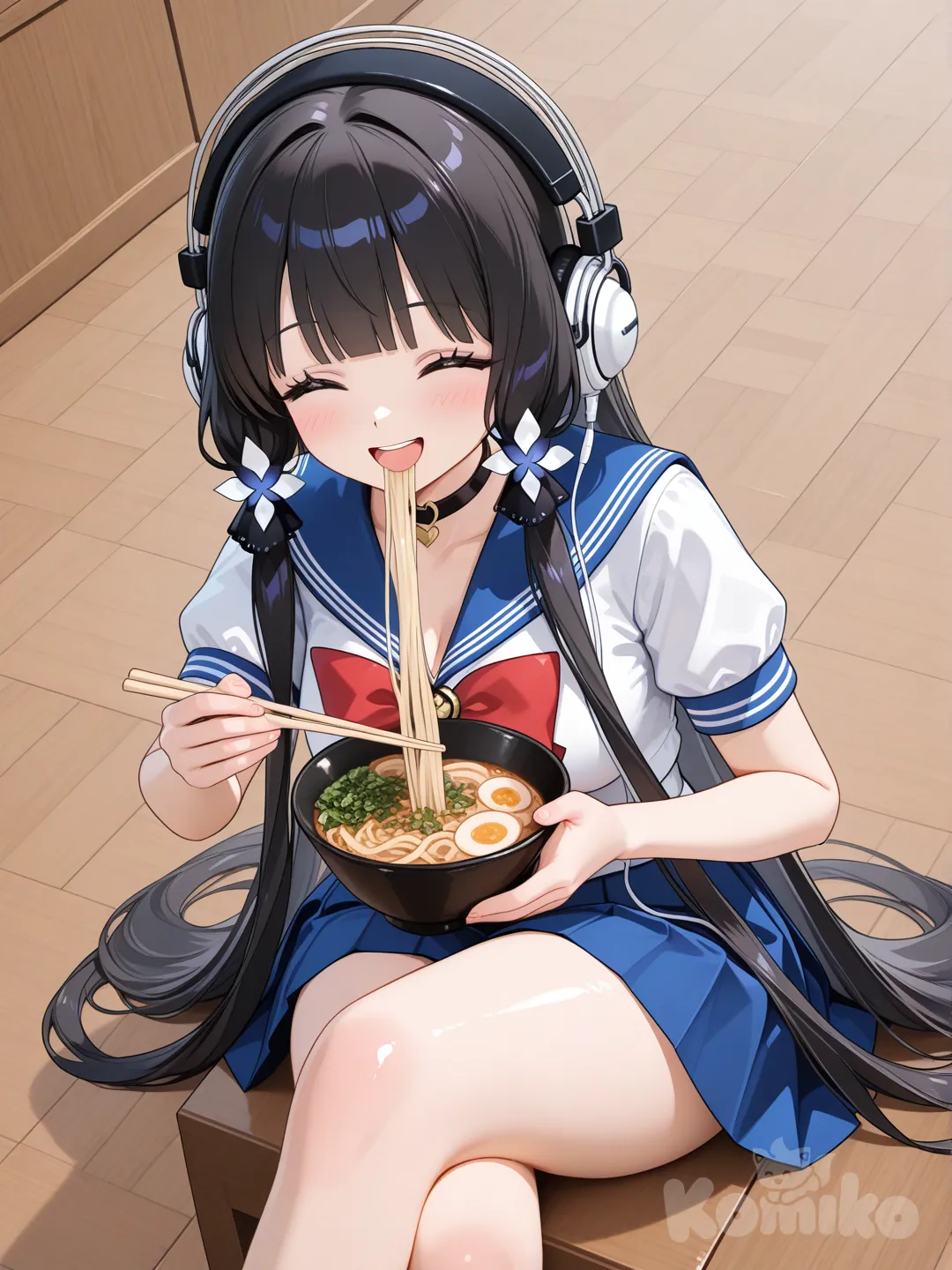 Illustrious Azur Lane girl, she has very, very long, straight, silky black hair that reaches the ground. Hentai, 3D, very smooth, very long, very long black hair, Sailor Moon outfit, sitting, eating noodles, listening to music, laughing.