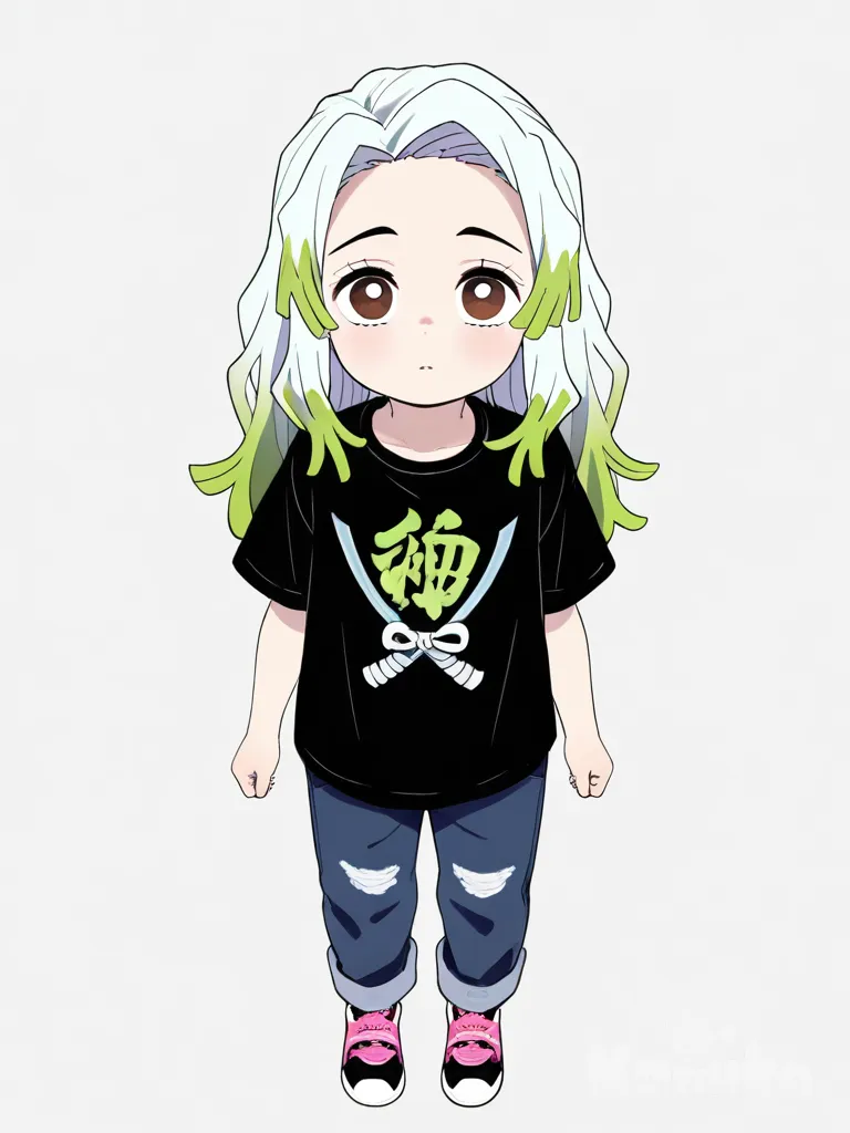 1girl, child, white_hair, green_hair_streaks, long_hair, brown_eyes, fair_skin, t-shirt, baggy_jeans, demon_slayer style, single character, full body, looking at viewer, simple background, white background