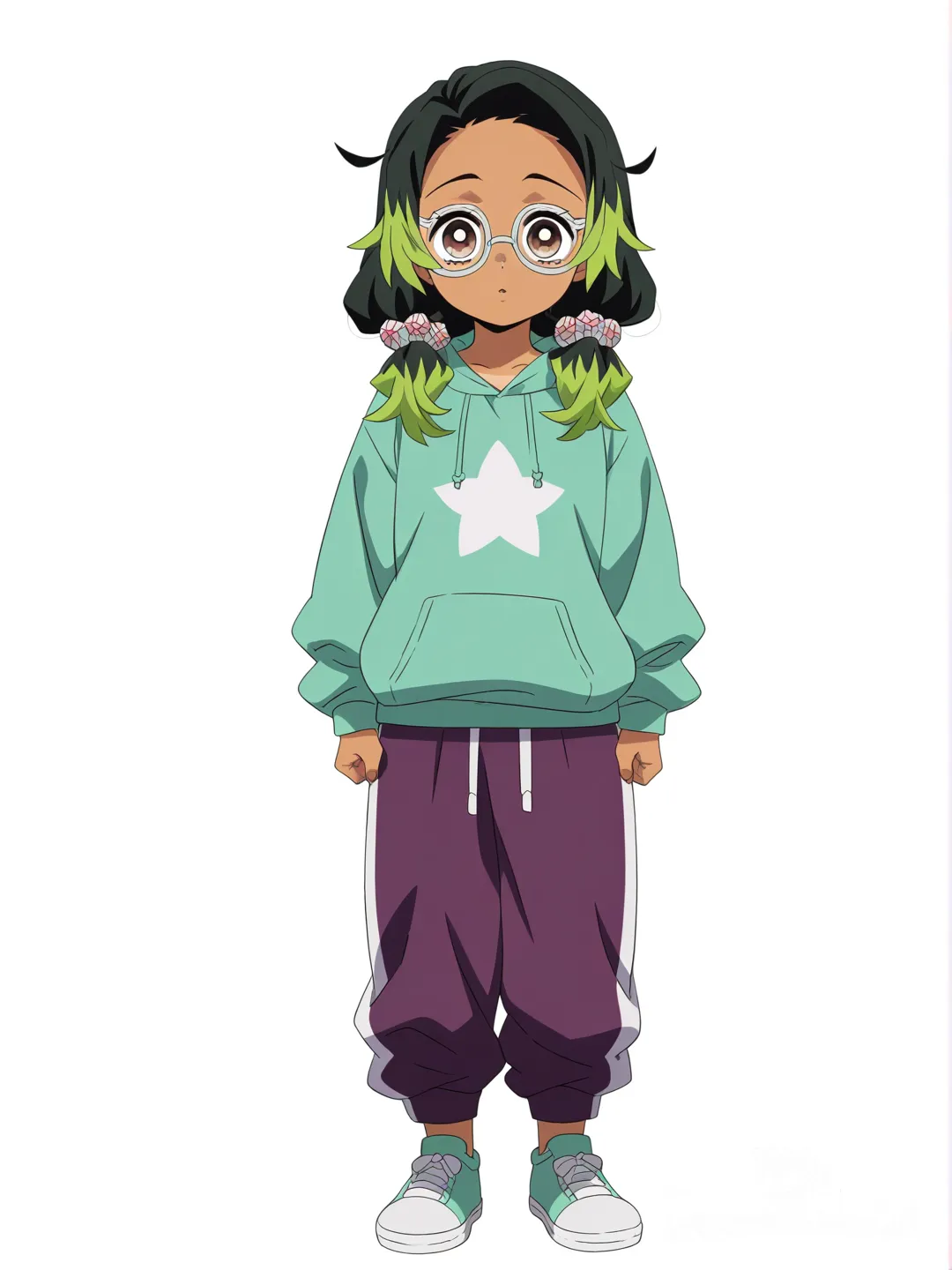 [pop-anime-style] 1girl, kimetsu no yaiba, child, green hair, purple streaks, brown eyes, tanned skin, sweatshirt, sweatpants, glasses, single character, full body, looking at viewer, simple background, white background