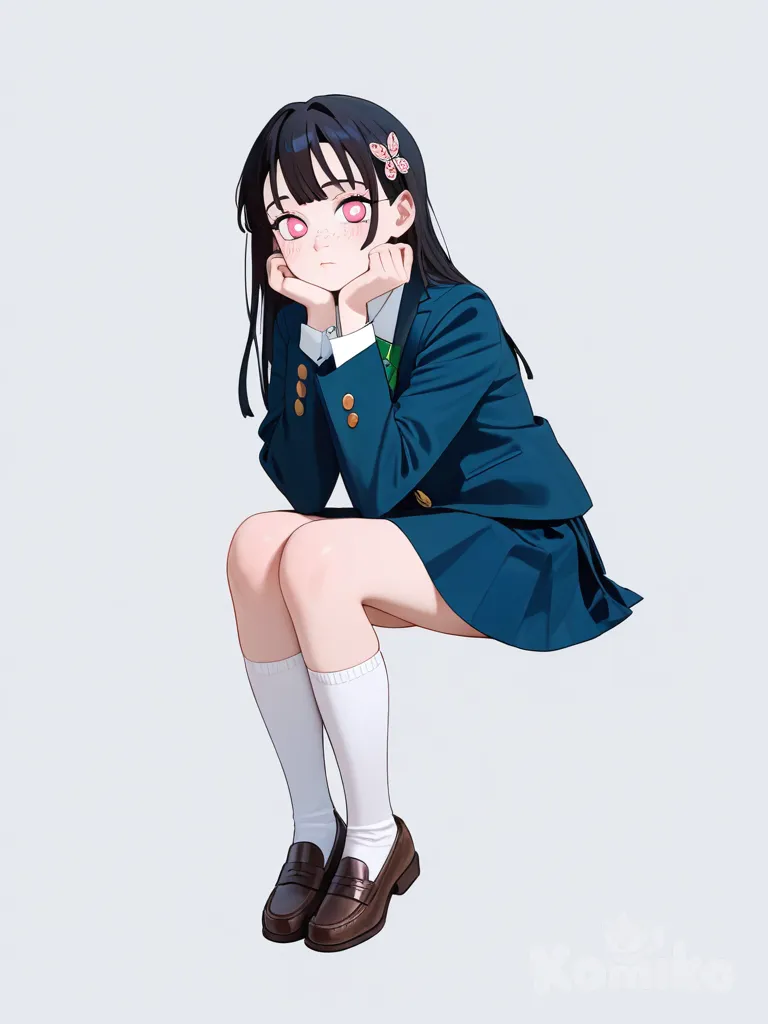 1girl, demon_slayer_style, teen, tall, black_hair, pink_eyes, freckles, fair_skin, school_uniform, knee_socks, hair_ornament, solo, full_body, looking_at_viewer, simple_background, white_background