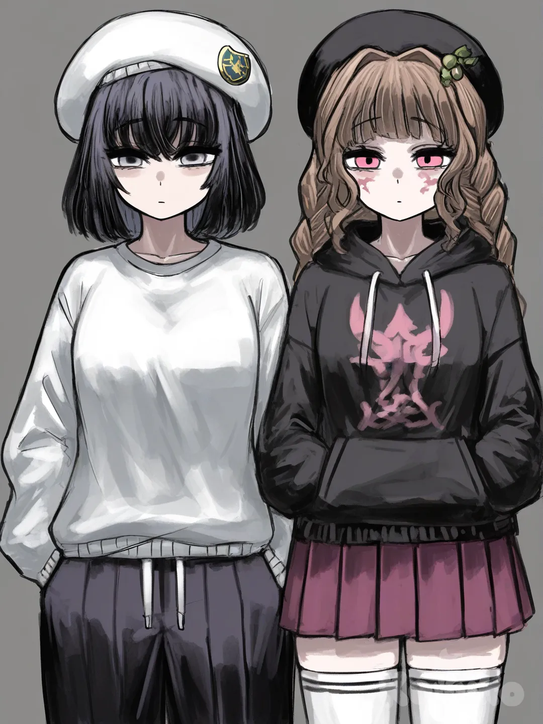 [sketchy-painterly-style] 2girls, angel, teen, black_hair, brown_hair, grey_eyes, pink_eyes, demon_slayer_style, original_character, fair_skin, olive_skin, hoodie, t-shirt, pleated_skirt, pants, knee_socks, beret, full_body, looking_at_viewer, simple_background, white_background