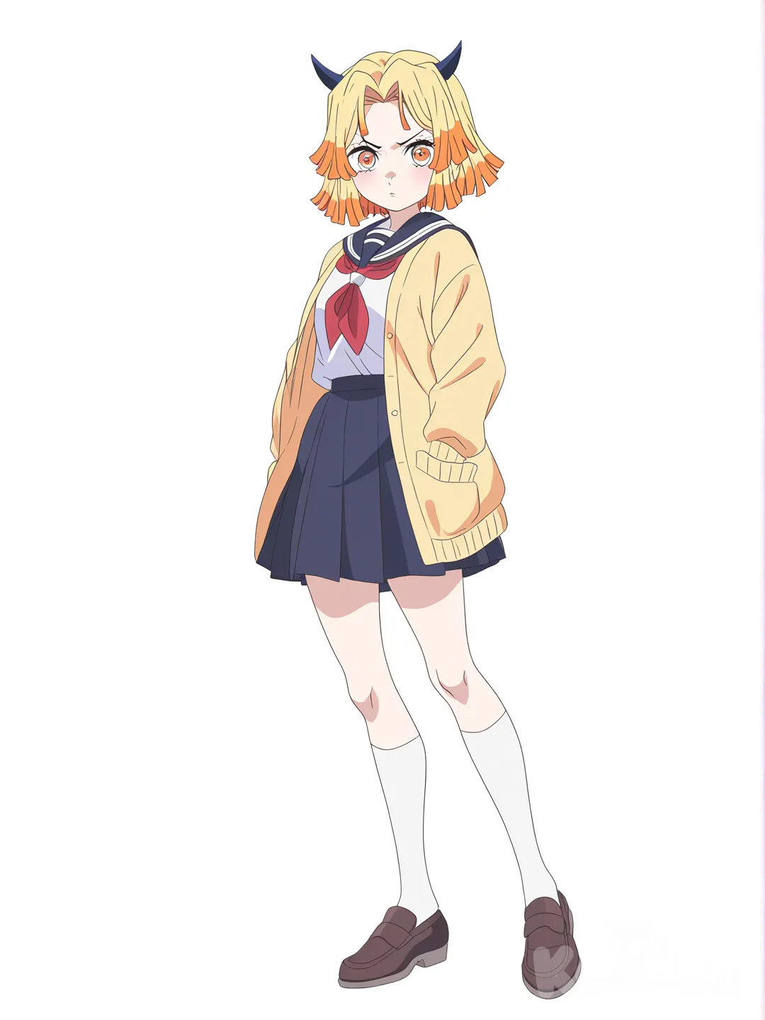 [bright-anime-style] 1girl, demon_slayer_style, blonde_hair, short_hair, pale_skin, school_uniform, demon_horns, knee_high_socks, single_character, full_body, looking_at_viewer, simple_background, white_background