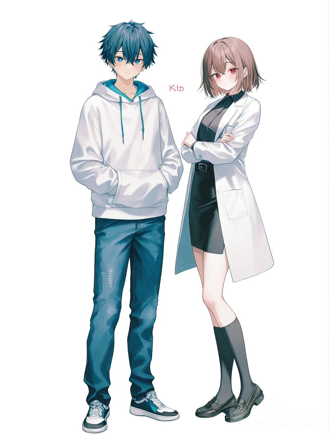 [soft-pastel-style] 1girl, 1boy, demon slayer style, original character, demon slayer world, teenager, brown hair, blue hair, short hair, blue eyes, red eyes, tan skin, fair skin, hoodie, lab coat, jeans, pencil skirt, knee-high socks, full body, looking at viewer, simple background, white background