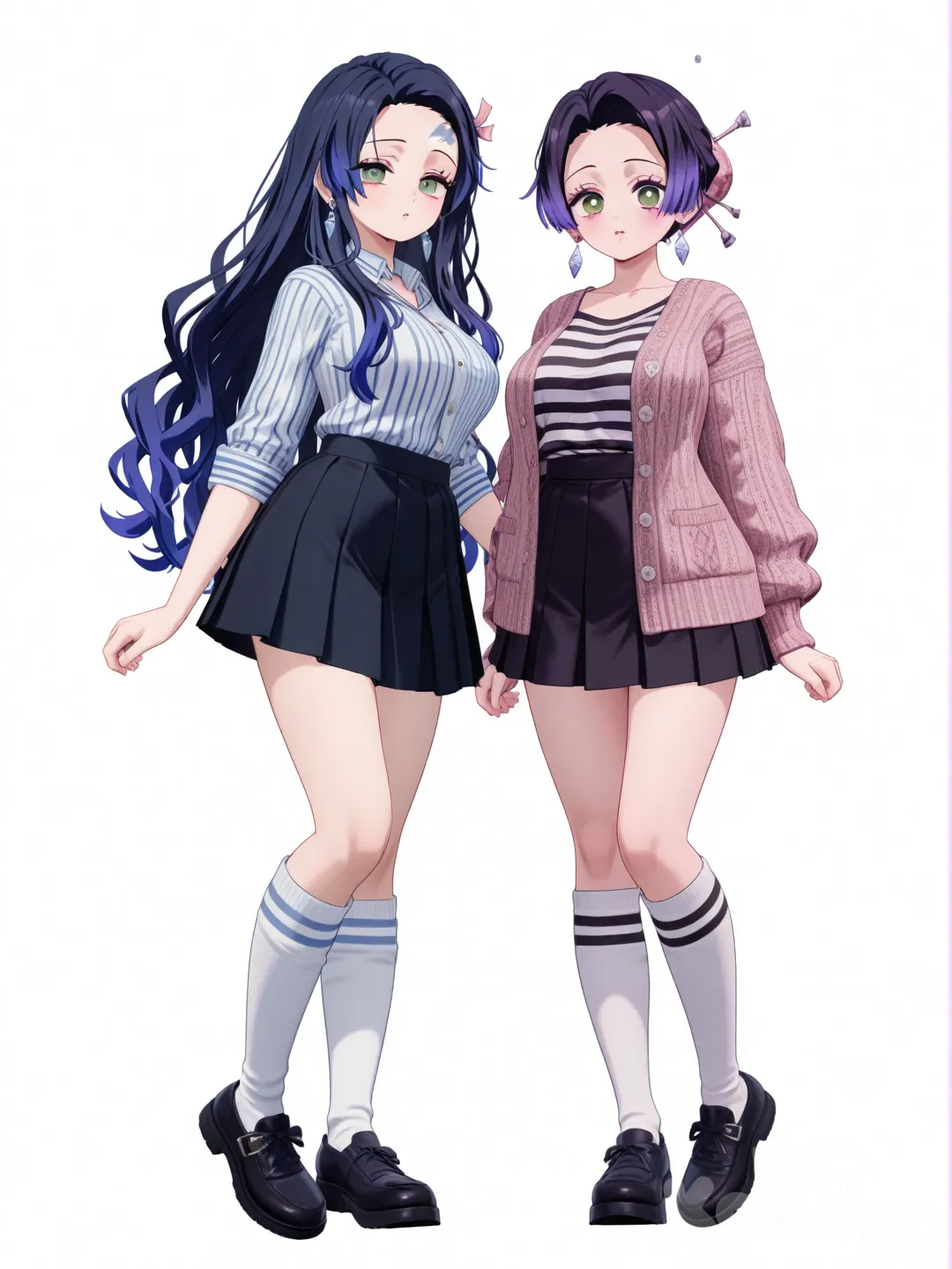 [3d-anime-style] 2girls, kimetsu_no_yaiba, mature, purple_hair, blue_hair, bun, green_eyes, frizzy_hair, pink_eyes, fair_skin, striped_shirt, knitted_cardigan, pencil_skirt, pleated_skirt, knee_high_socks, diamond_earrings, full_body, looking_at_viewer, anime_style, simple_background, white_background
