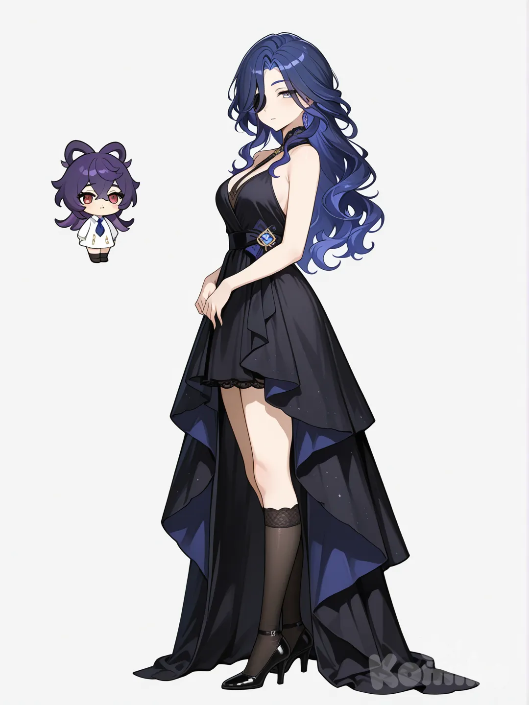 2girls, genshin_impact, mature, purple_hair, blue_hair, frizzy_hair, wavy_hair, red_eyes, grey_eyes, olive_skin, fair_skin, formal_dress, knee_high_socks, eyepatch, full_body, looking_at_viewer, anime_style, simple_background, white_background