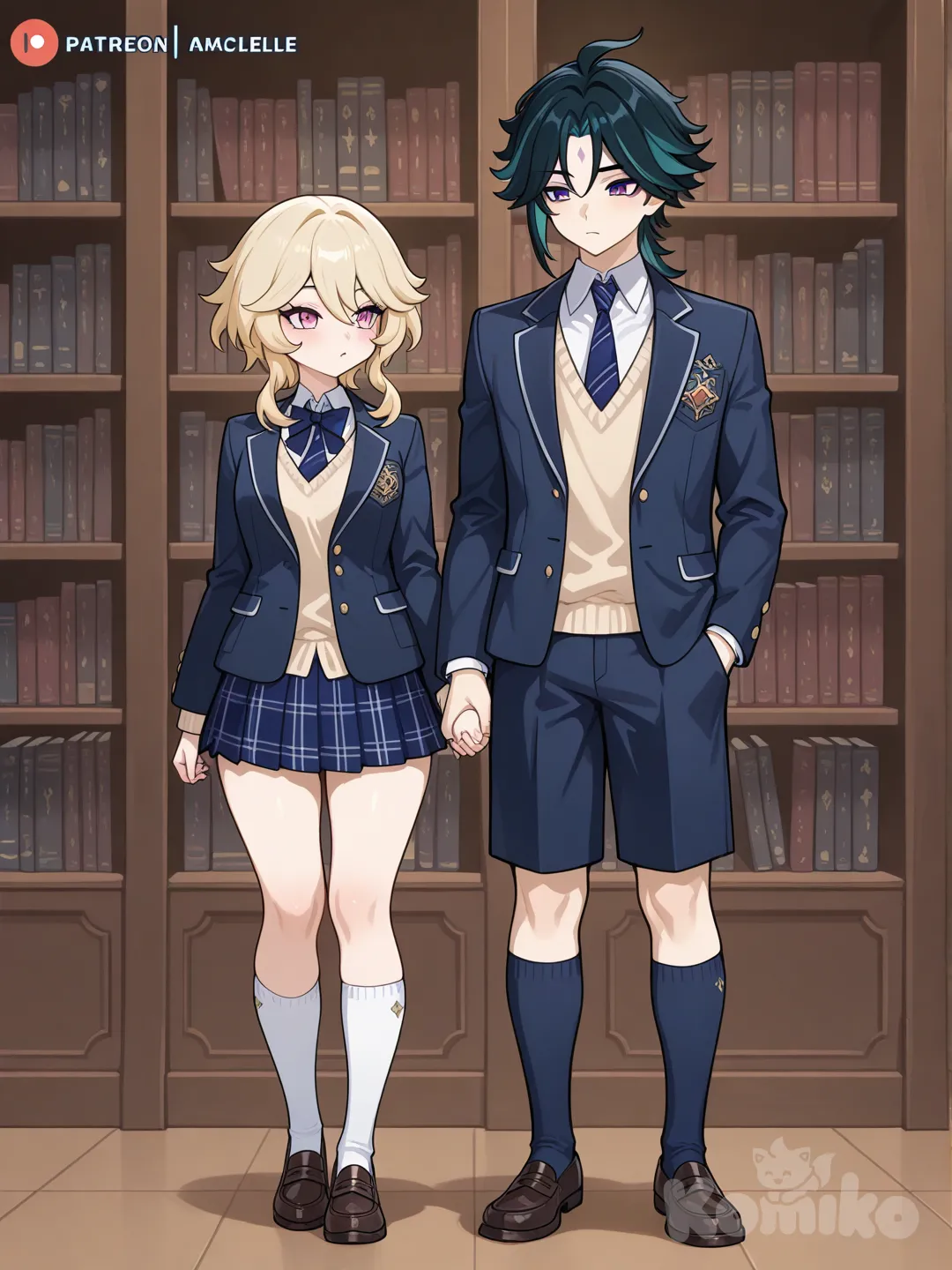 1boy, 1girl, 2people, genshin impact, yellow hair, black hair, purple eyes, rose eyes, fair scin, dark acadamia, knee- high socks