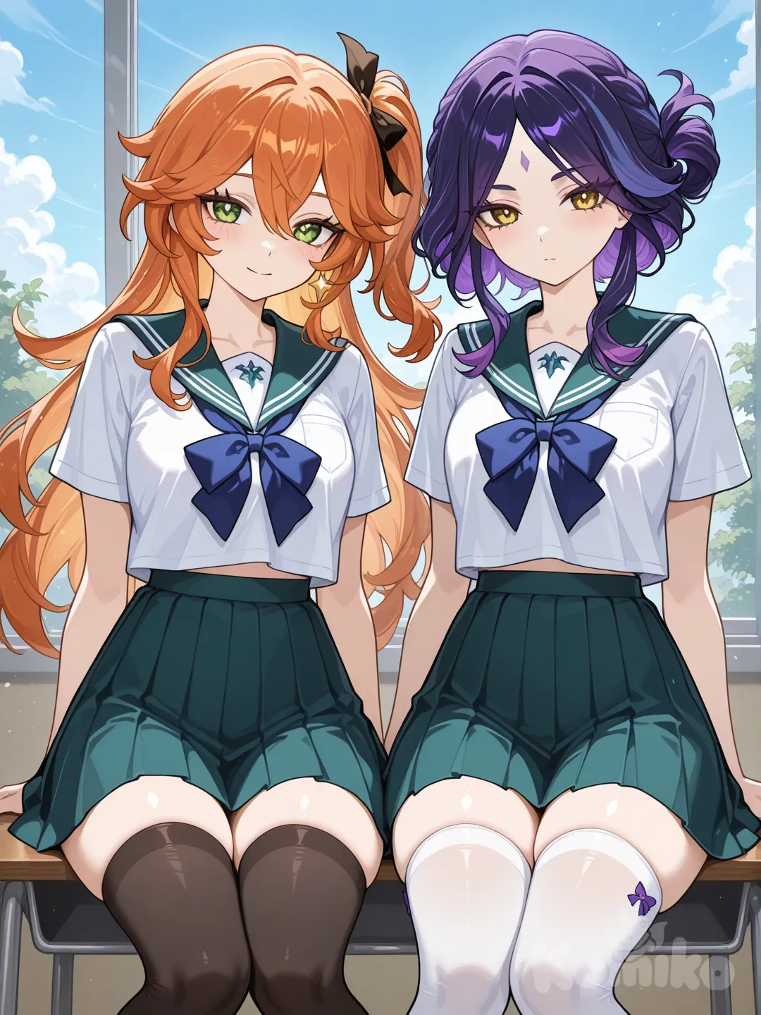 2girls, purple hair, orange hair, yellow eyes, green eyes, fair scin, gacha impact style, dark acadamia, knee high socks