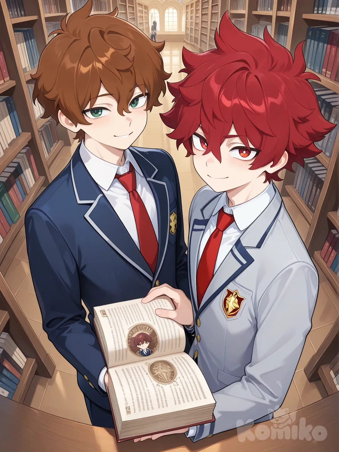 2boys, brown hair, red hair, green eyes, red eyes, light acadamia, fair scin