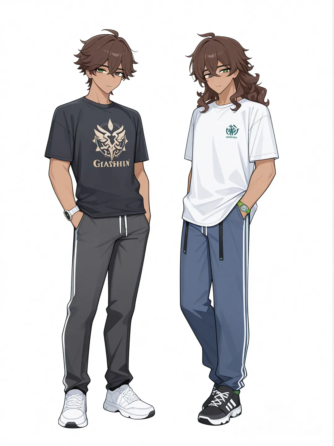 [toon-shaded-style] 1boy, genshin_impact, mature_male, brown_hair, curly_hair, green_eyes, tan_skin, t-shirt, casual_pants, quartz_watch, single character, full body, looking at viewer, simple background, white background