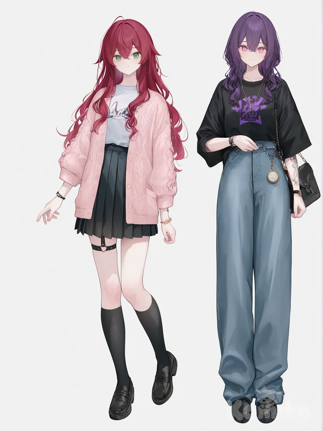 [soft-pastel-style] 2girls, genshin impact (style), original character, mature, purple hair, red hair, long hair, wavy hair, green eyes, pink eyes, tattoo, tan skin, fair skin, knitted cardigan, t-shirt, pleated skirt, jeans, knee-high socks, pearls, quartz watch, digital watch, bracelet, full body, looking at viewer, simple background, white background