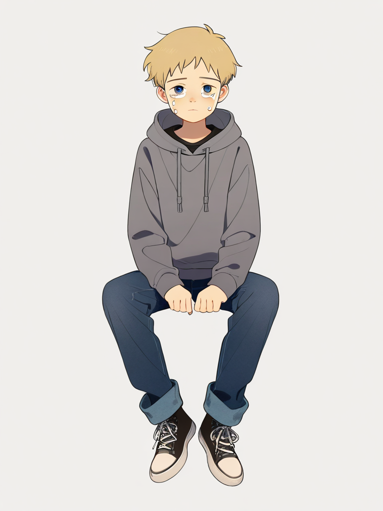 1boy, mature, very short hair, straight hair, blonde hair, blue eyes, fair skin, gray hoodie, dark blue jeans, depressed, emo, crying, studio ghibli style, single character, full body, looking at viewer, simple background, white background