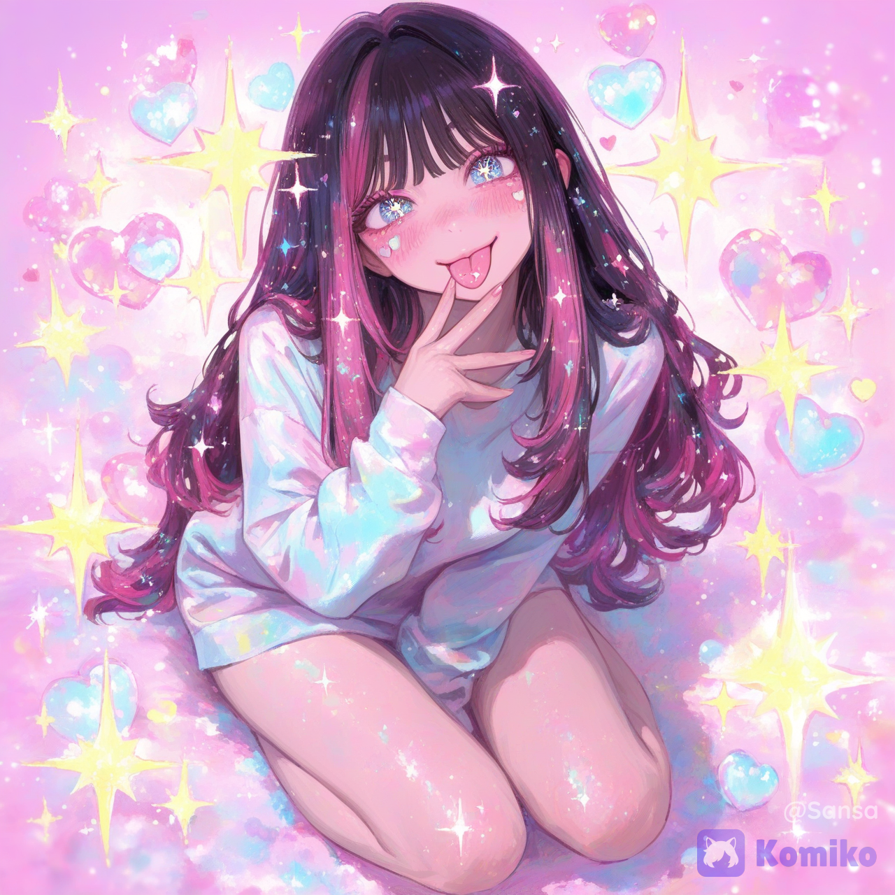 absurdres, ultra 8k, extremely cute kawaii girl, full body, adorable beautiful face, big sparkling eyes, rosy cheeks, making an ultra cute kawaii expression sticking out her tongue and slightly crossing her eyes playfully, joyful and energetic vibe, wearing a cute outfit, charming pose, soft pastel colors, sparkling effects, heart symbols floating around, highly face and hair, perfect kawaii aesthetic, anime style, maximum cuteness, enchanting and lovable, @eleanor-tBfY[sweet-painting-style], sparkles, sparkle, depth of field, glitter, glittery skin, glimmer, full body