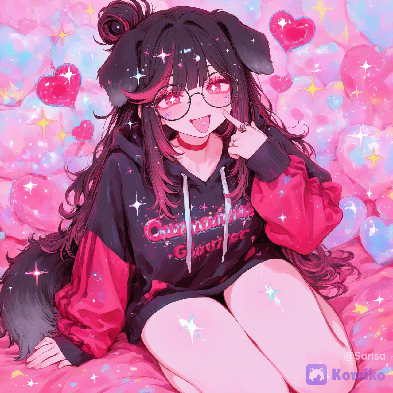 absurdres, ultra 8k, extremely cute kawaii girl, full body, adorable beautiful face, big sparkling eyes, rosy cheeks, making an ultra cute kawaii expression sticking out her tongue and slightly crossing her eyes playfully, joyful and energetic vibe, wearing a cute outfit, charming pose, soft pastel colors, sparkling effects, heart symbols floating around, highly face and hair, perfect kawaii aesthetic, anime style, maximum cuteness, enchanting and lovable, @sansa-q0we[sweet-painting-style], sparkles, sparkle, depth of field, glitter, glittery skin, glimmer, full body