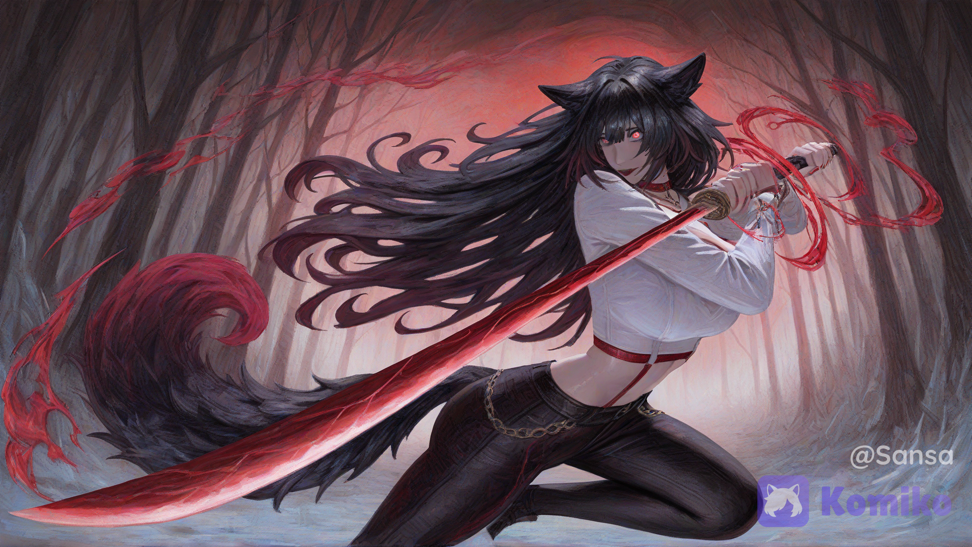 @sansa-90Kv, holding katana, fighting a wolf yokai spirit, ice magic aura, dark ruined forest background, highly intricate detail, wide shot, [gothic-oil-painting-style]