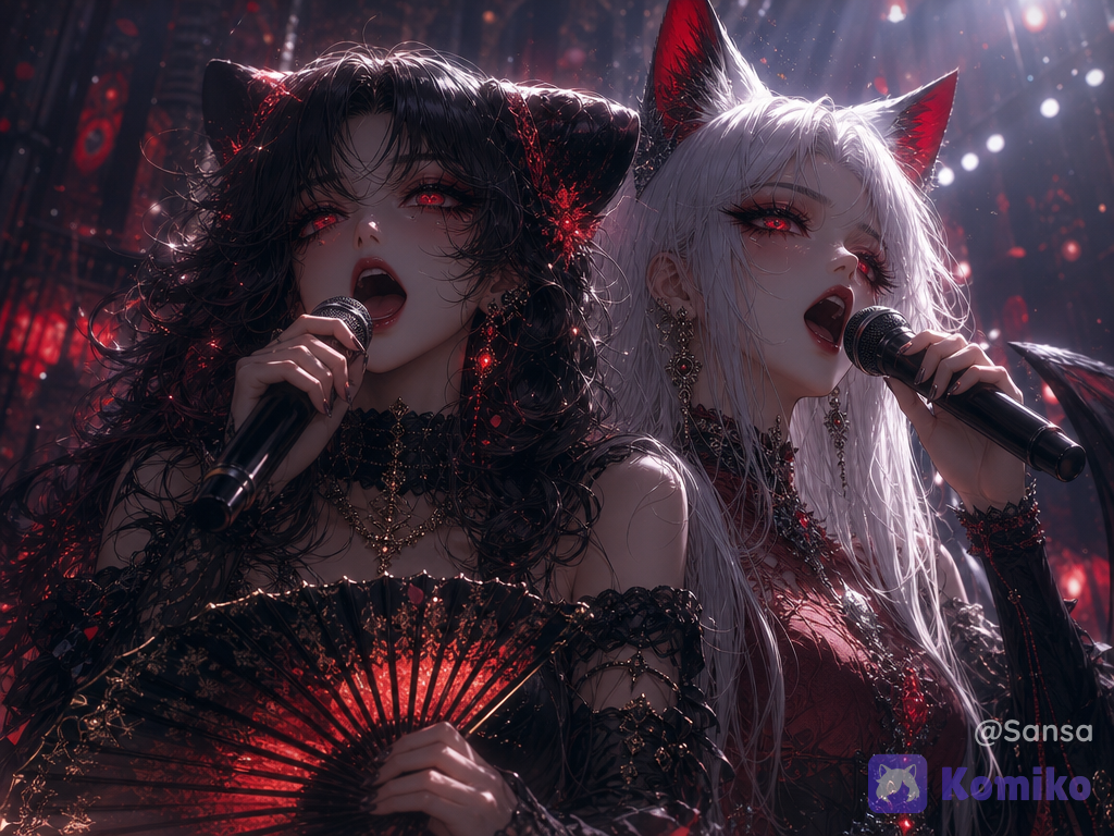 2 girl,score_7, (female focus,), ((digital illustration in manhwa style)),captivating and mysterious.The style is a blend of épic concert and, conveying a mood of duo singer and allure. The lighting is dramatic, with strong rim lighting highlighting her features and the fan, casting deep shadows and creating an ethereal, almost otherworldly atmosphere. The color palette is dominated by deep blacks and striking reds. The scene evokes a sense of opéra, elegance, and alluring power. The composition is a close-up portrait with a shallow depth of field, focusing on the two woman and her immediate surroundings, with bokeh effects enhancing the dreamlike quality. Cinematic lighting, high detail, dramatic. long eyelashes, sunlight, volumetric lighting, @sansa-gyaru-Tcpu, glowing red eyes with heart pupils, wavy jet black hair, floppy black dog ears néon-red at the end, subtle makeup, eyeliner, eyeshadow,singing with powerfull voice, intense atmosphere, long eyelashes, sunlight, volumetric lighting, @miki-FZ56, glowing red eyes, straight white hair, fox ears red at the end, subtle makeup, red eyeliner, eyeshadow,singing with powerfull voice, intense atmosphere, breathtaking atmosphere 8K resolution, vibrant colors, dreamy fantasy aesthetic, cinematic fantasy look, high detail, ultra-realistic, ethereal style, delicate softness, poetic lighting, modern digital painting aesthetic, Muted soft colors, old lighting, street style fashion, depth of field, wallpaper, glowing particles, epic concert