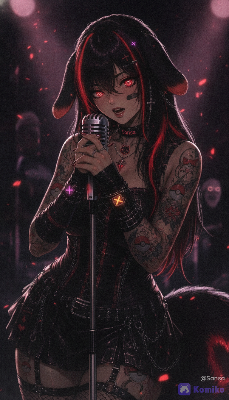 score_7, (female focus,a woman), ((digital illustration in manhwa style)), ( glowing red eyes whit heart puppil, floppy black dog ears, subtle makeup, eyeliner, eyeshadow),captivating and mysterious.The style is a blend of modern and, conveying a mood of rebellion and allure. The lighting is dramatic, with strong rim lighting highlighting her features and the micro, casting deep shadows and creating an ethereal, almost otherworldly atmosphere. The color palette is dominated by deep blacks and striking reds. The scene evokes a sense of rock n' roll, néon, and alluring power. The composition is a close-up portrait with a shallow depth of field, focusing on the woman and her immediate surroundings, with bokeh effects enhancing the dreamlike quality. Cinematic lighting, high detail, dramatic. long eyelashes, néon light, volumetric lighting, @sansa-gyaru-Tcpu,singing, electified atmosphere, breathtaking atmosphere 8K resolution, vibrant colors, dreamy fantasy aesthetic, cinematic fantasy look, high detail, ultra-realistic, ethereal style, delicate softness, poetic lighting, modern digital painting aesthetic, Muted soft colors, old lighting, street style fashion, depth of field, wallpaper, glowing particles, rock scene, [gothic-oil-painting-style]
