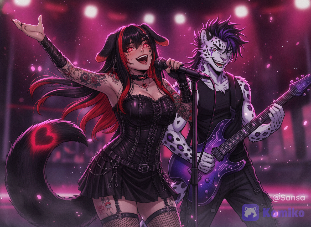 2 people, score_7, (female focus,a woman), ((digital illustration in manhwa style)), ( glowing red eyes whit heart puppil, floppy black dog ears, subtle makeup, eyeliner, eyeshadow),captivating and mysterious.The style is a blend of modern and, conveying a mood of rebellion and allure. The lighting is dramatic, with strong rim lighting highlighting her features and the micro, casting deep shadows and creating an ethereal, almost otherworldly atmosphere. The color palette is dominated by deep blacks and striking reds. The scene evokes a sense of rock n' roll, néon, and alluring power. The composition is a close-up portrait with a shallow depth of field, focusing on the woman and her immediate surroundings, with bokeh effects enhancing the dreamlike quality. Cinematic lighting, high detail, dramatic. long eyelashes, néon light, volumetric lighting, @sansa-gyaru-Tcpu,singing with dynamic pose, electrified atmosphere, @kirian-swiftpaw-A0dk, singing with energy, intense energy, smile, breathtaking atmosphere 8K resolution, vibrant colors, dreamy fantasy aesthetic, cinematic fantasy look, high detail, ultra-realistic, ethereal style, delicate softness, poetic lighting, modern digital painting aesthetic, Muted soft colors, old lighting, street style fashion, depth of field, wallpaper, glowing particles, rock scene