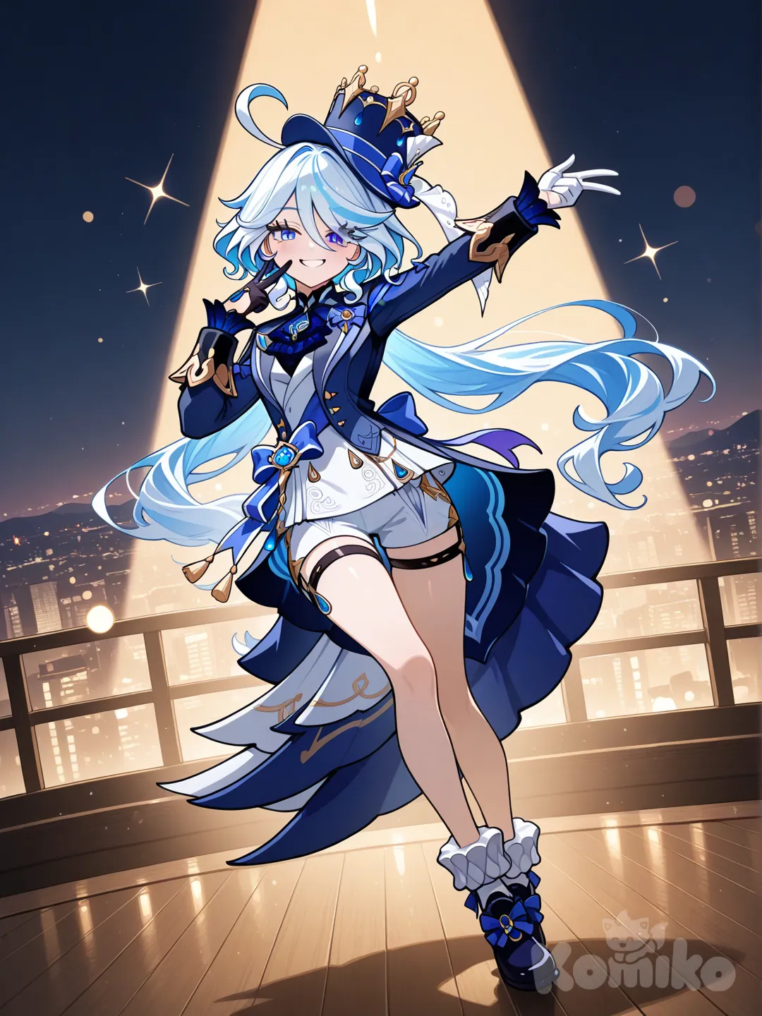 @Furina_(Genshin_Impact), smile, laughing, smirk, v sign, full body, looking at viewer, front profile photo, ambient light, backlight, top light, side light, rim light, neon lights, city lights, light, day, night, cinematic lighting, twilight, sparkle, stage