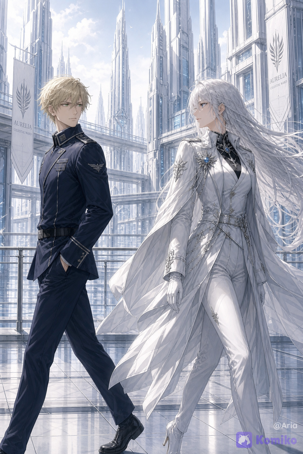 Anime style, highly illustration of Aria and Hux (OCs). Aria: elegant young woman with long flowing silver-white hair, sharp icy blue eyes, fair skin, refined features, cold and composed expression, wearing her white futuristic honor commander uniform. Hux: 29-year-old man with medium-length messy blonde hair, sharp light green eyes, firm build, mature serious expression, wearing a modest navy blue junior officer uniform with subtle black rank insignia. Pose: walking past each other in opposite directions on a futuristic street, both glancing sideways at one another as they cross paths, subtle connection and distance. Setting: clean elevated streets of Aurelia with tall white and silver skyscrapers, soft lighting. Elegant cinematic composition, sharp focus, clothing and expressions, anime aesthetic.
