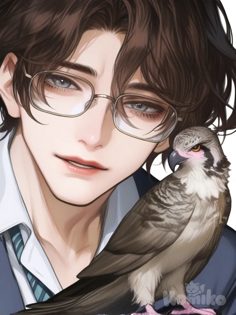 [semi-realistic-portrait-style] 1boy, mature, athletic, brown hair, gray eyes, glasses, brown wings, peregrine falcon wings, feathery ears, single character, full body, looking at viewer, anime style, simple background, white background