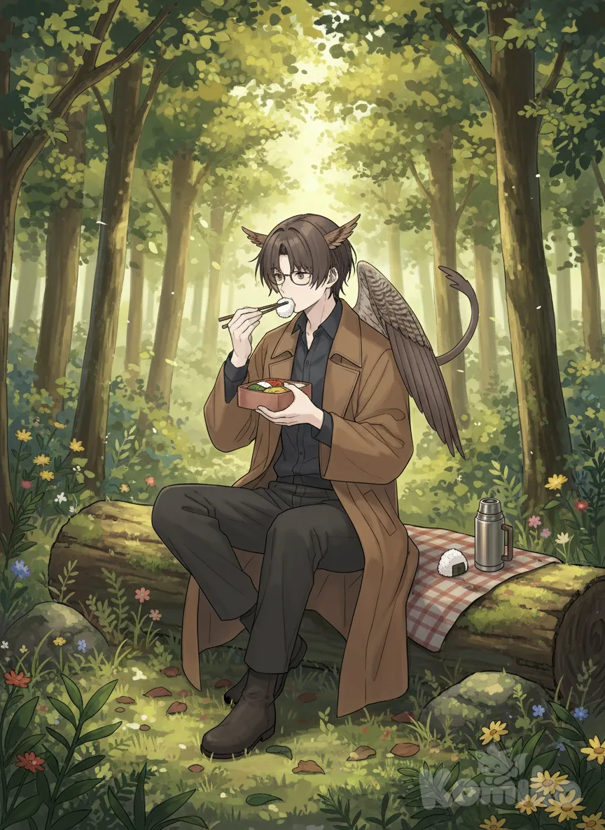 <gale-4QFK> Draw Gale eating lunch in the forest while wearing a brown Trenchcoat