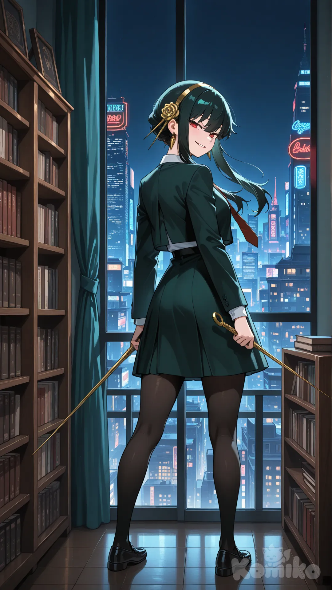 @Yor_Briar, holding sword, looking back, evil smile, school uniform, tie, full body, neon lights, city lights, library