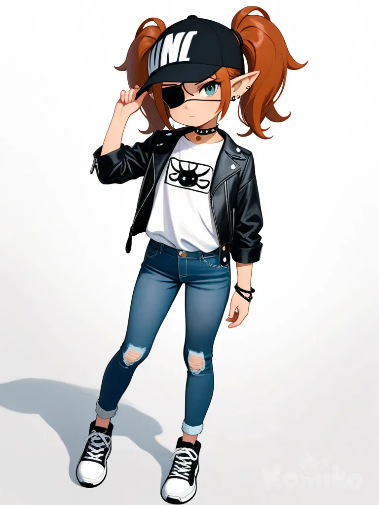1girl, sonic the hedgehog (series), original, anthropomorphic, angel, elf, demon, child, athletic, muscular, petite, brown hair, frizzy hair, tattoo, t-shirt, leather jacket, jeans, plastic, lace, studs, bracelet, rabbit ears, eyepatch, baseball cap, bow, earrings, choker, bowtie, single character, full body, looking at viewer, anime style, simple background, white background
