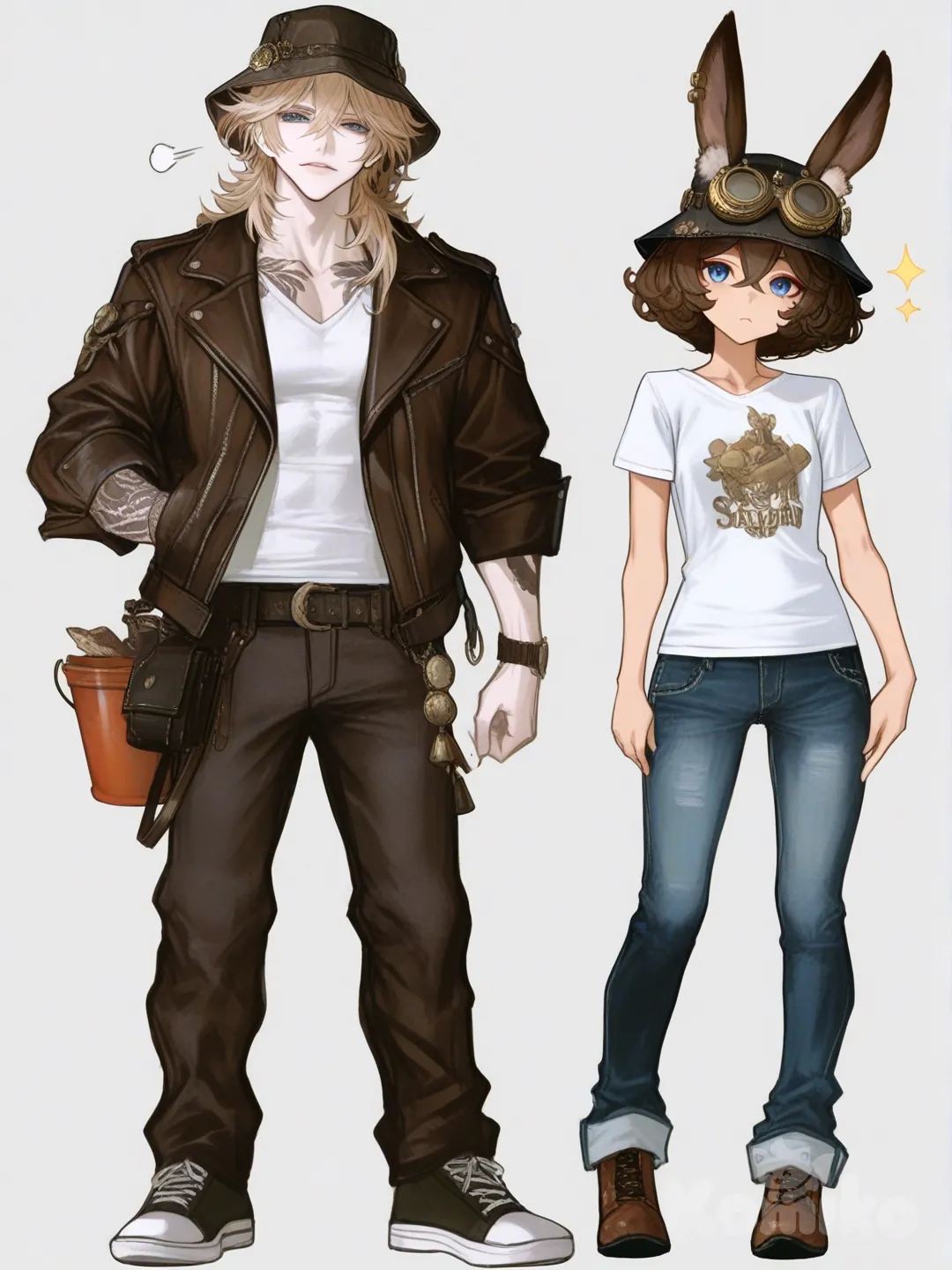 [semi-realistic-portrait-style] 1boy, genshin impact style, original character, teenager, athletic build, muscular, bob cut, mullet, curly hair, brown hair, blonde hair, blue eyes, tattoo, fair skin, tan skin, olive skin, dark skin, pale skin, t-shirt, leather jacket, jeans, ruffles, tassels, lace, rabbit ears, steampunk goggles, bucket hat, single character, full body, looking at viewer, simple background, white background
